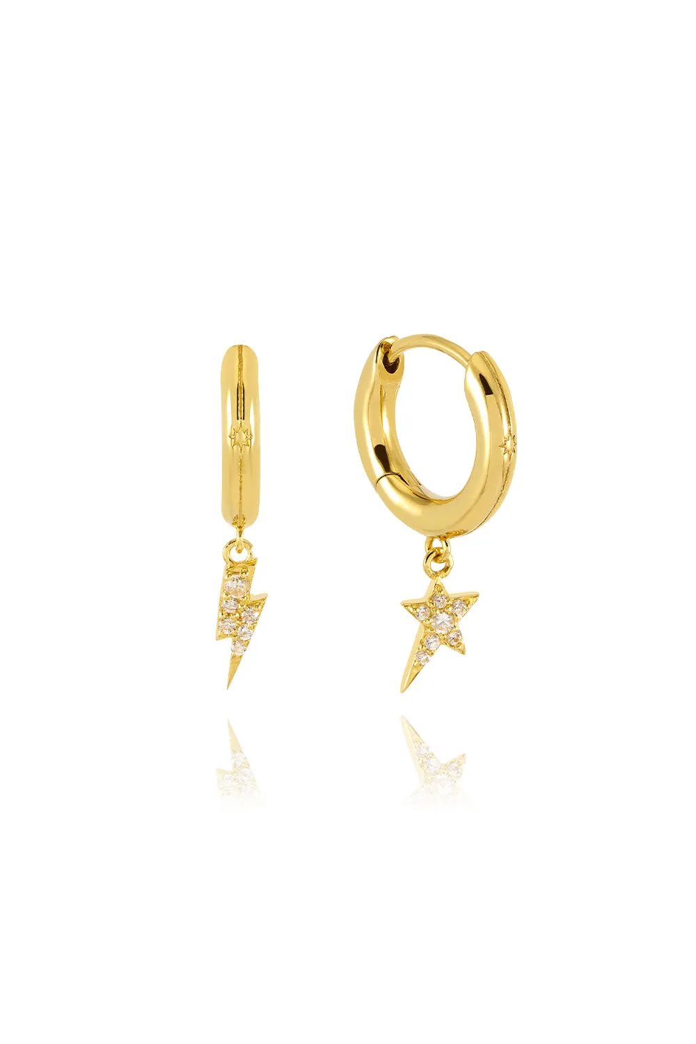 Gold Plated Huggie Hoops with Champagne Pavé Detailed Lightning Bolt & Star Charms