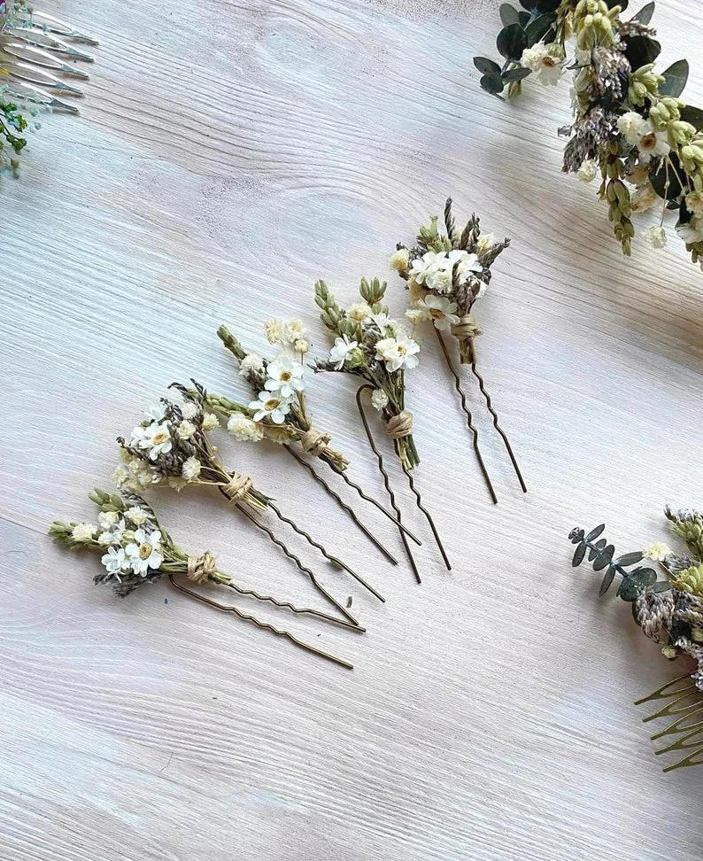 Greenery boho romantic flower hair pins