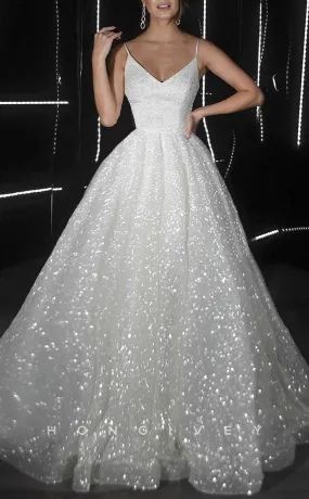 H1117 - Chic Glitter Tulle A-Line V-Neck Spaghetti Straps Wedding Dress