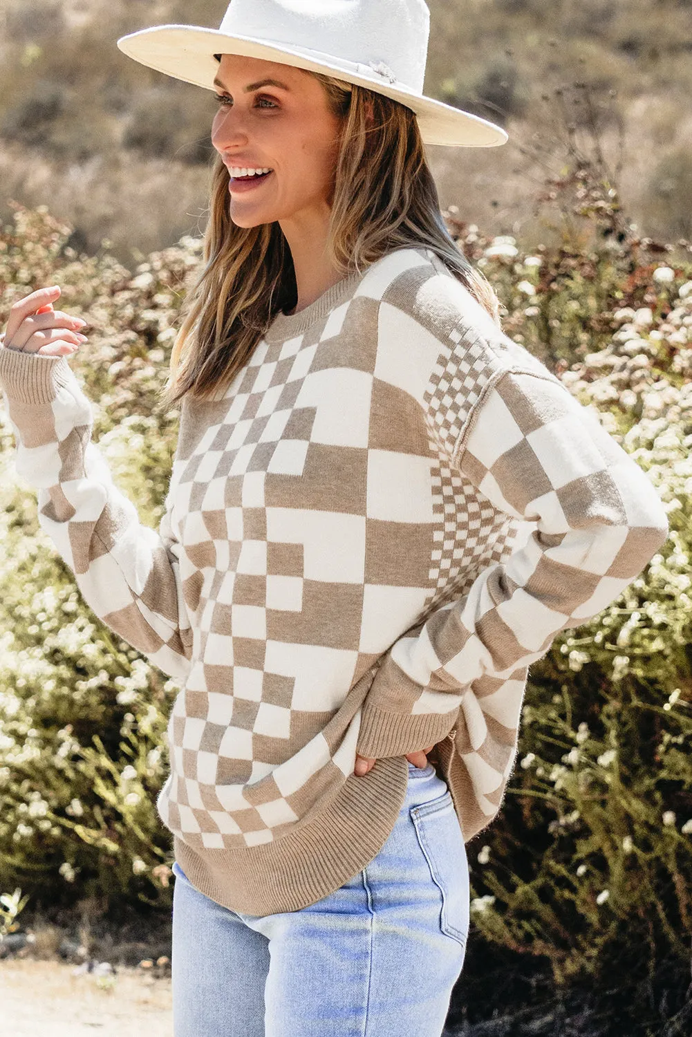 Khaki Checkered Print Drop Shoulder Round Neck Sweater