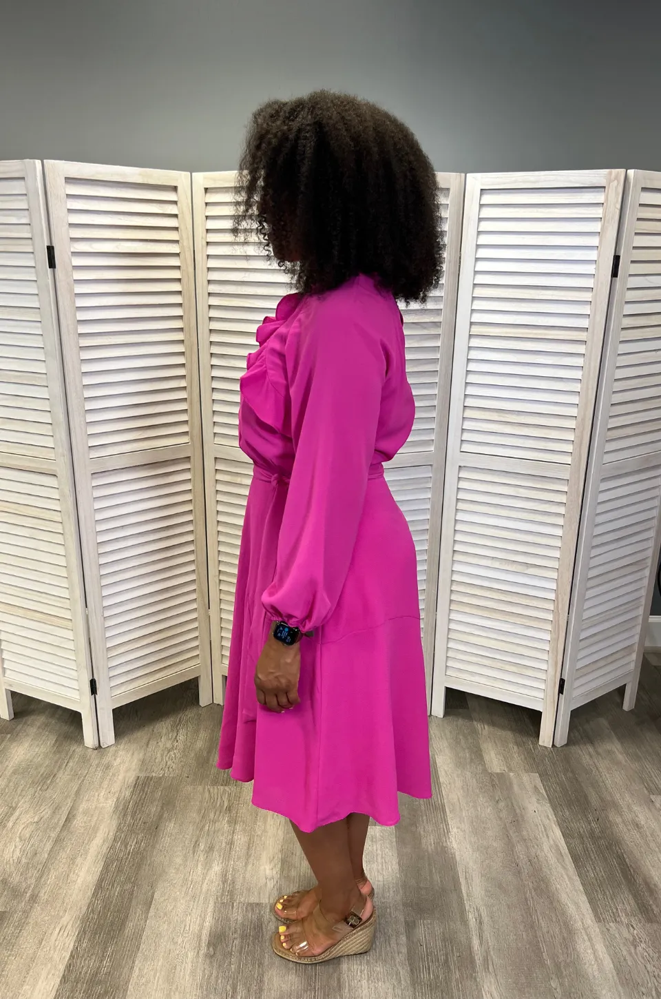 Long Sleeve Crepe Belted Midi Dress | Hot Fuchsia - XS