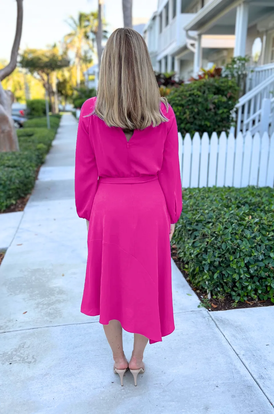 Long Sleeve Crepe Belted Midi Dress | Hot Fuchsia - XS