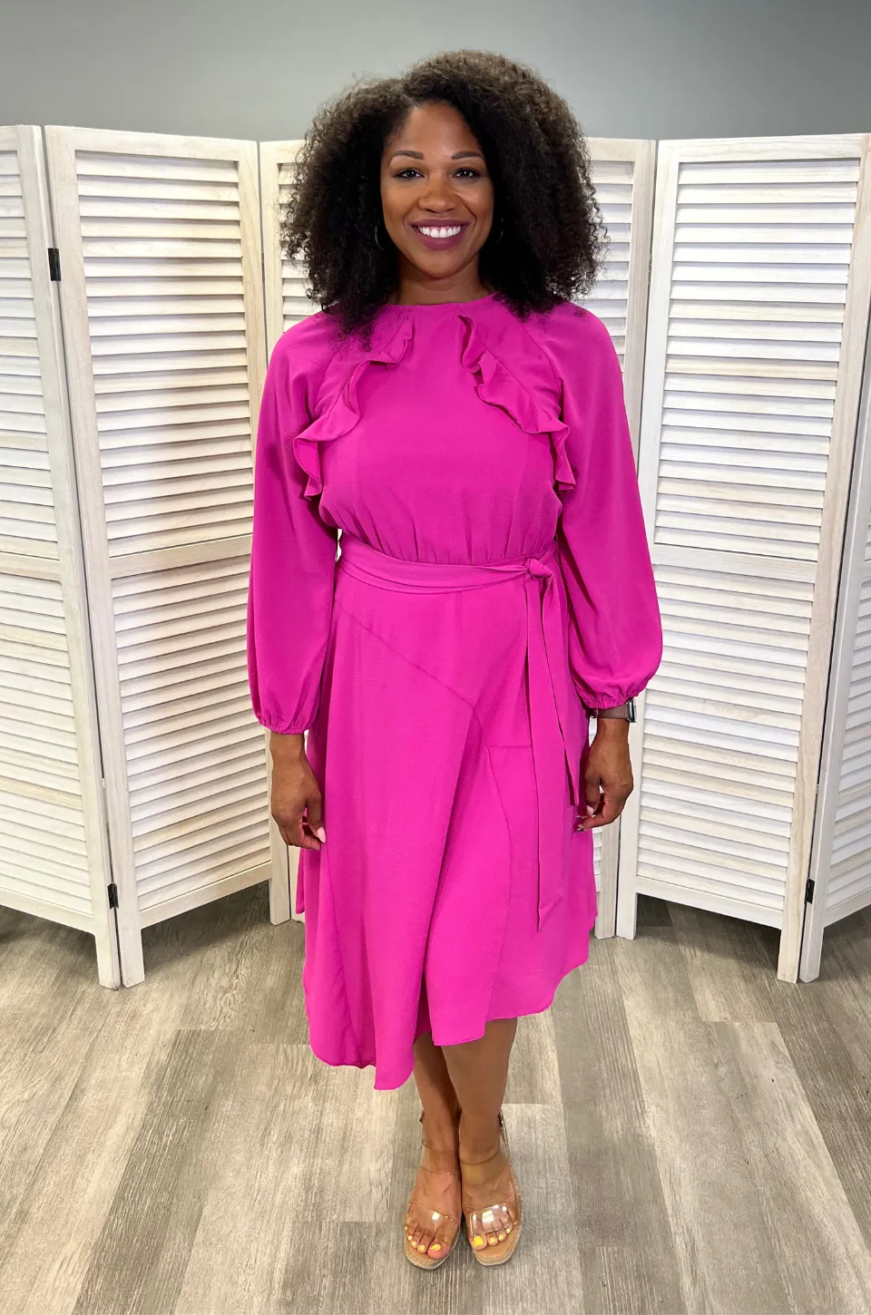 Long Sleeve Crepe Belted Midi Dress | Hot Fuchsia - XS