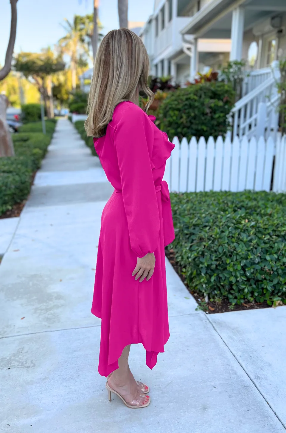 Long Sleeve Crepe Belted Midi Dress | Hot Fuchsia - XS