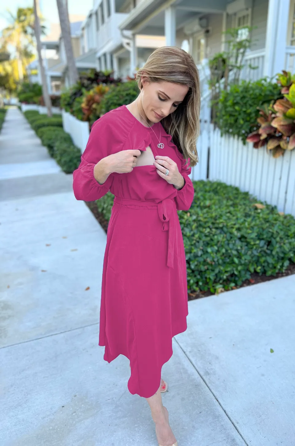 Long Sleeve Crepe Belted Midi Dress | Hot Fuchsia - XS