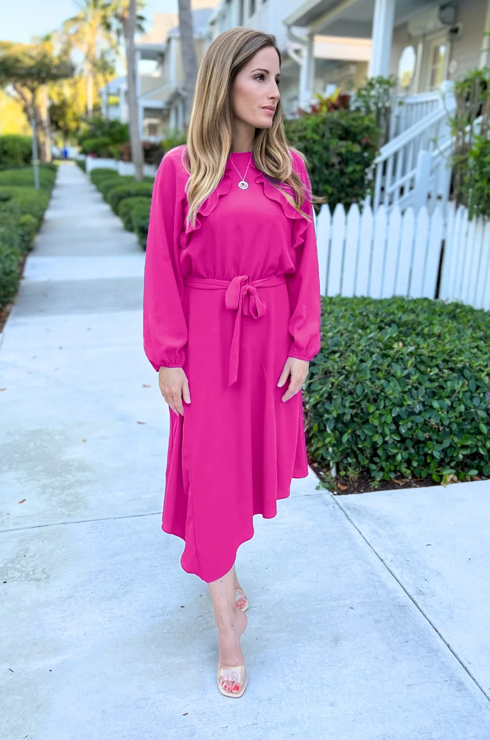 Long Sleeve Crepe Belted Midi Dress | Hot Fuchsia - XS