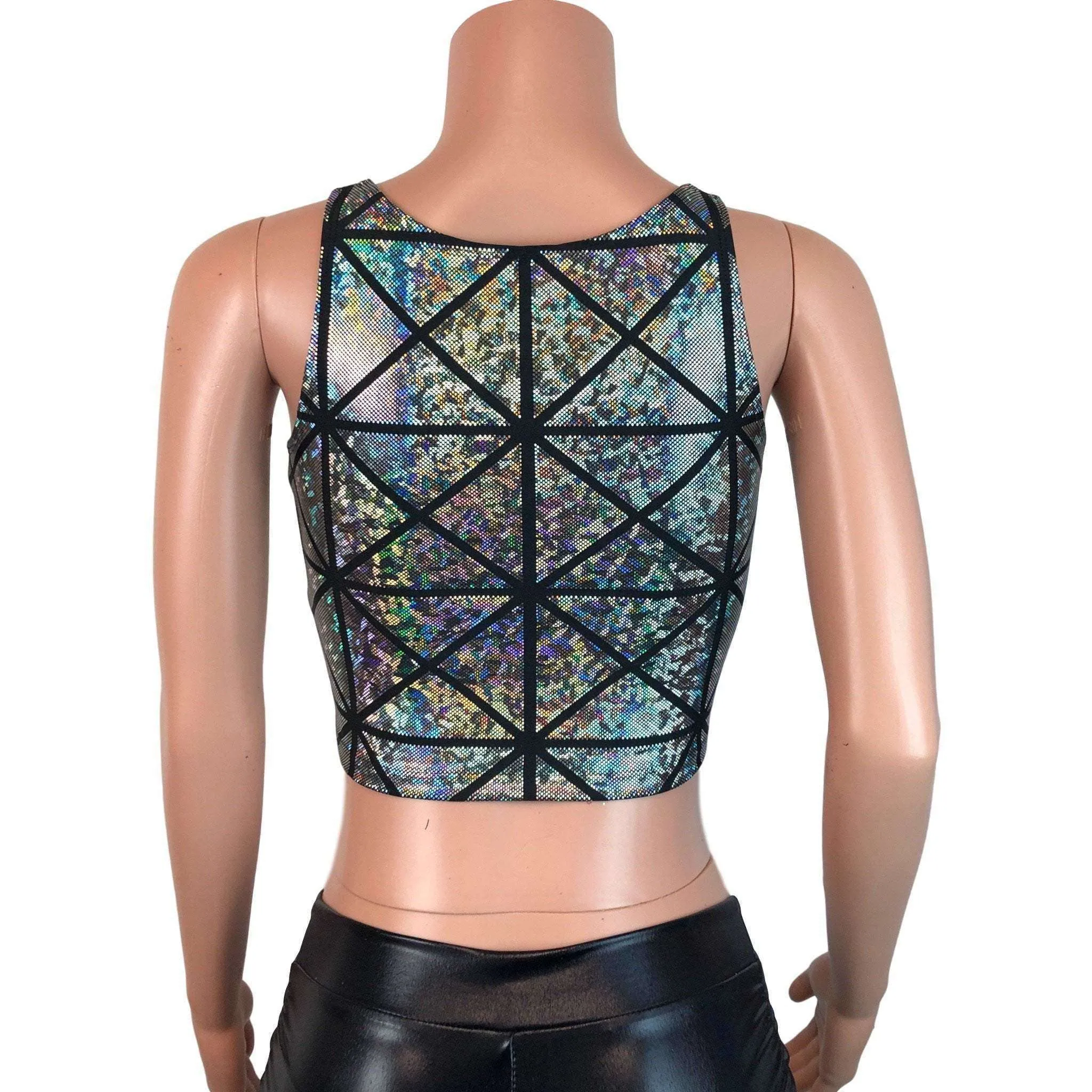 Mesh Inset Crop Tank Top - Silver Glass Pane Holographic