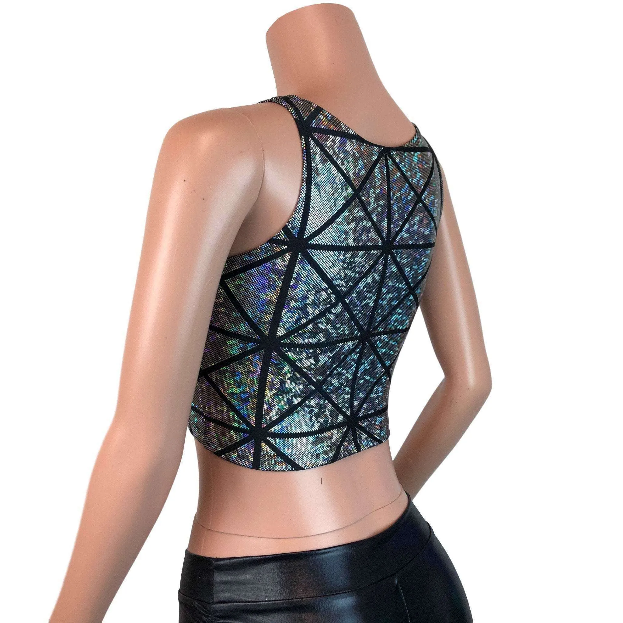 Mesh Inset Crop Tank Top - Silver Glass Pane Holographic