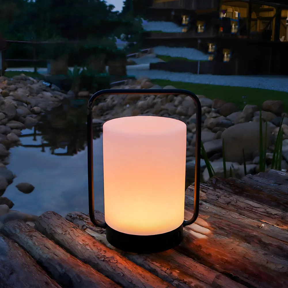 Modern Black Portable Outdoor Table Lamp With White Cylinder Shade, USB, IP65