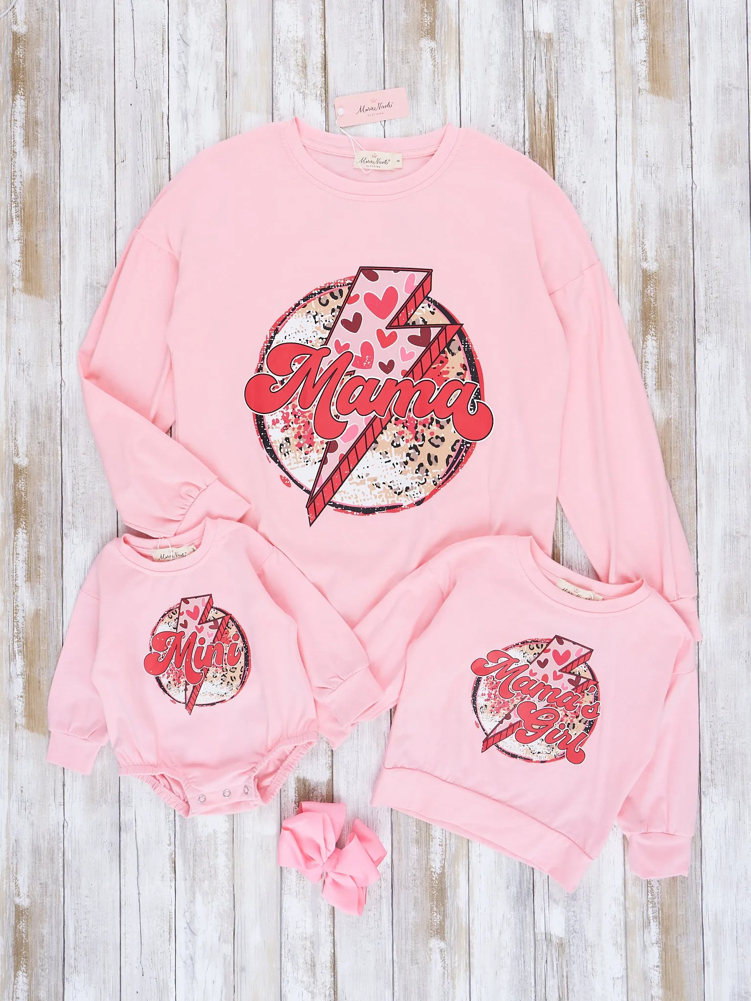 Mom & Me Pink Mama/Mini Lightning Hearts Crew Neck