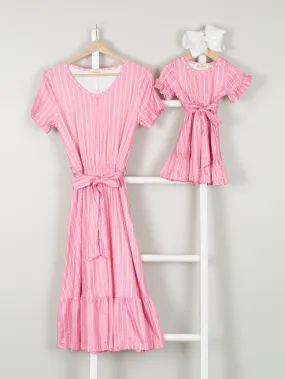 Mom & Me Pink Striped Tie Ruffle Dress