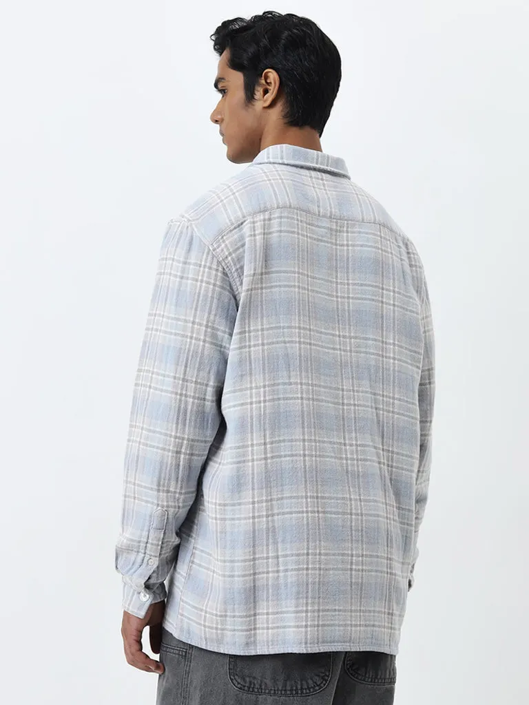 Nuon Light Blue Checkered Relaxed-Fit Cotton Shirt