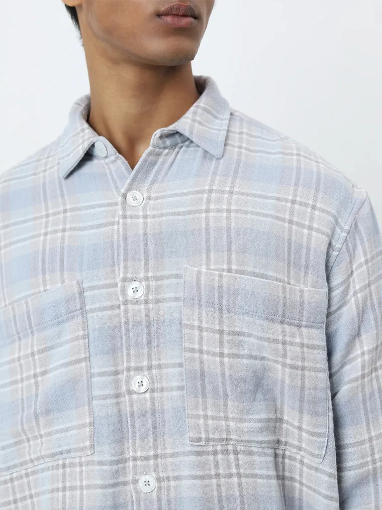 Nuon Light Blue Checkered Relaxed-Fit Cotton Shirt