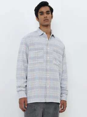 Nuon Light Blue Checkered Relaxed-Fit Cotton Shirt