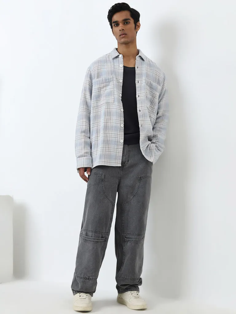 Nuon Light Blue Checkered Relaxed-Fit Cotton Shirt