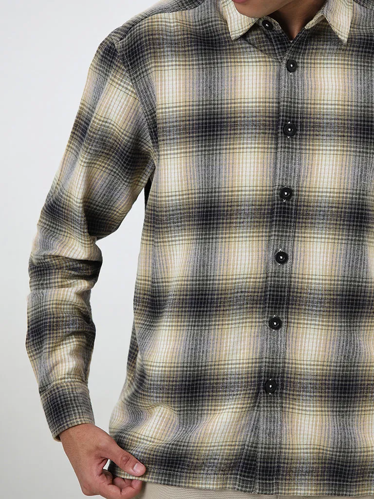 Nuon Olive Checks Printed Relaxed-Fit Cotton Shirt