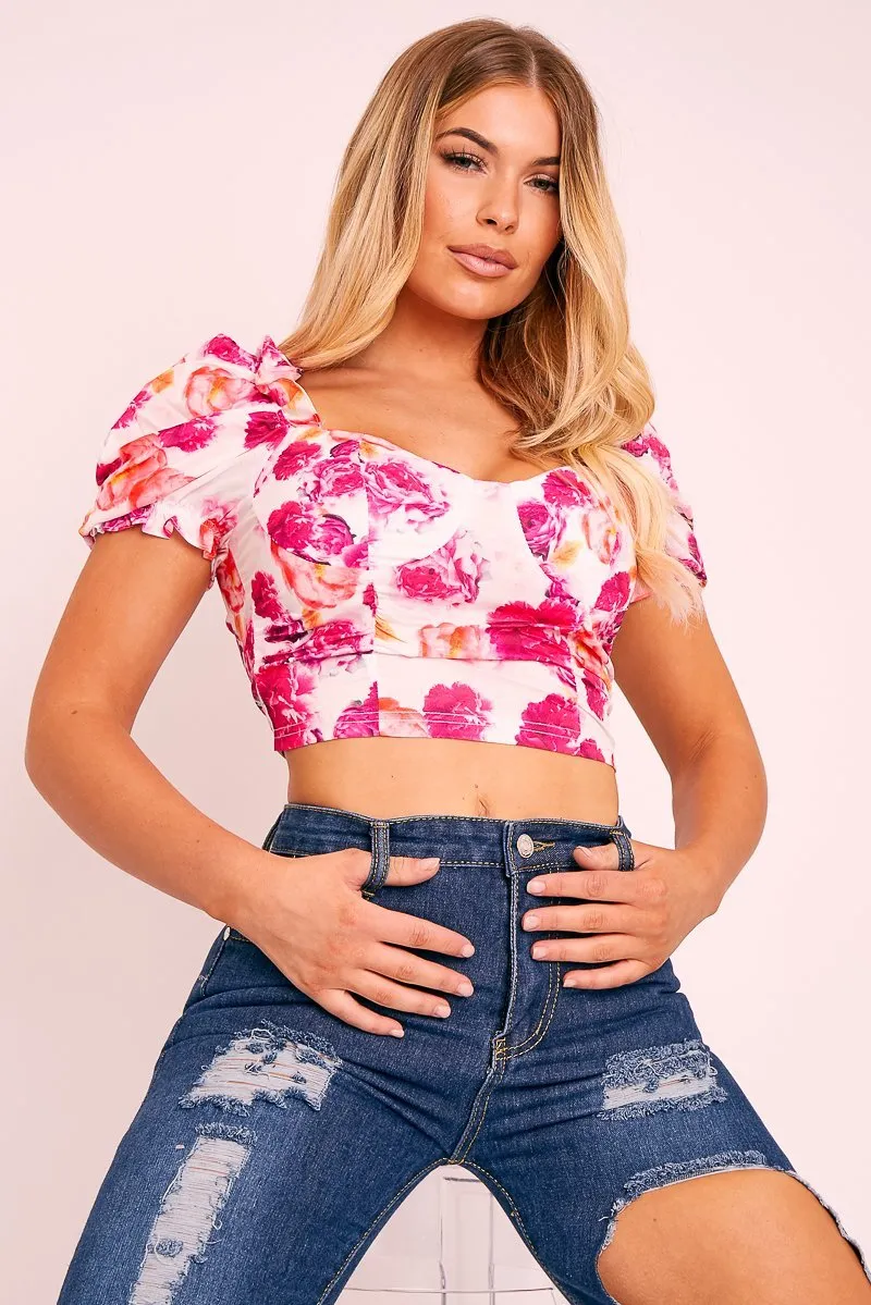 Pink Bold Floral Corset Crop Top - Ivonne