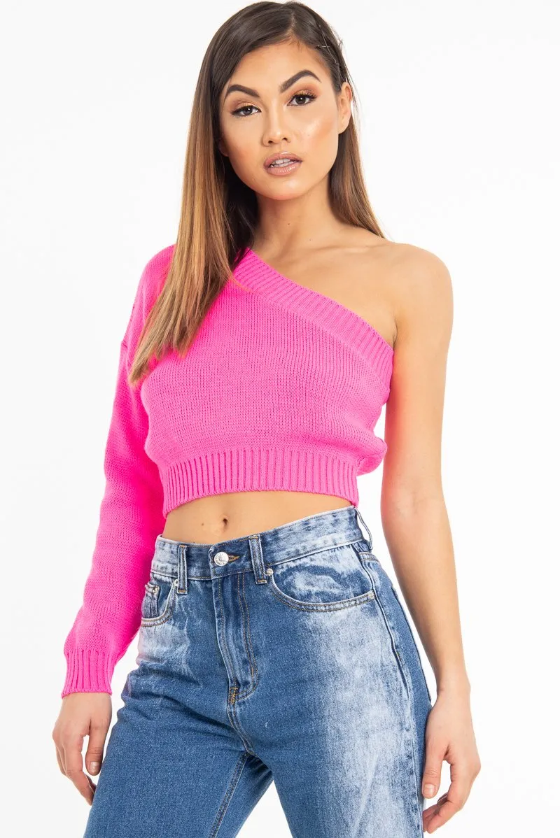 Pink Knitted One Shoulder Jumper - Jayleah