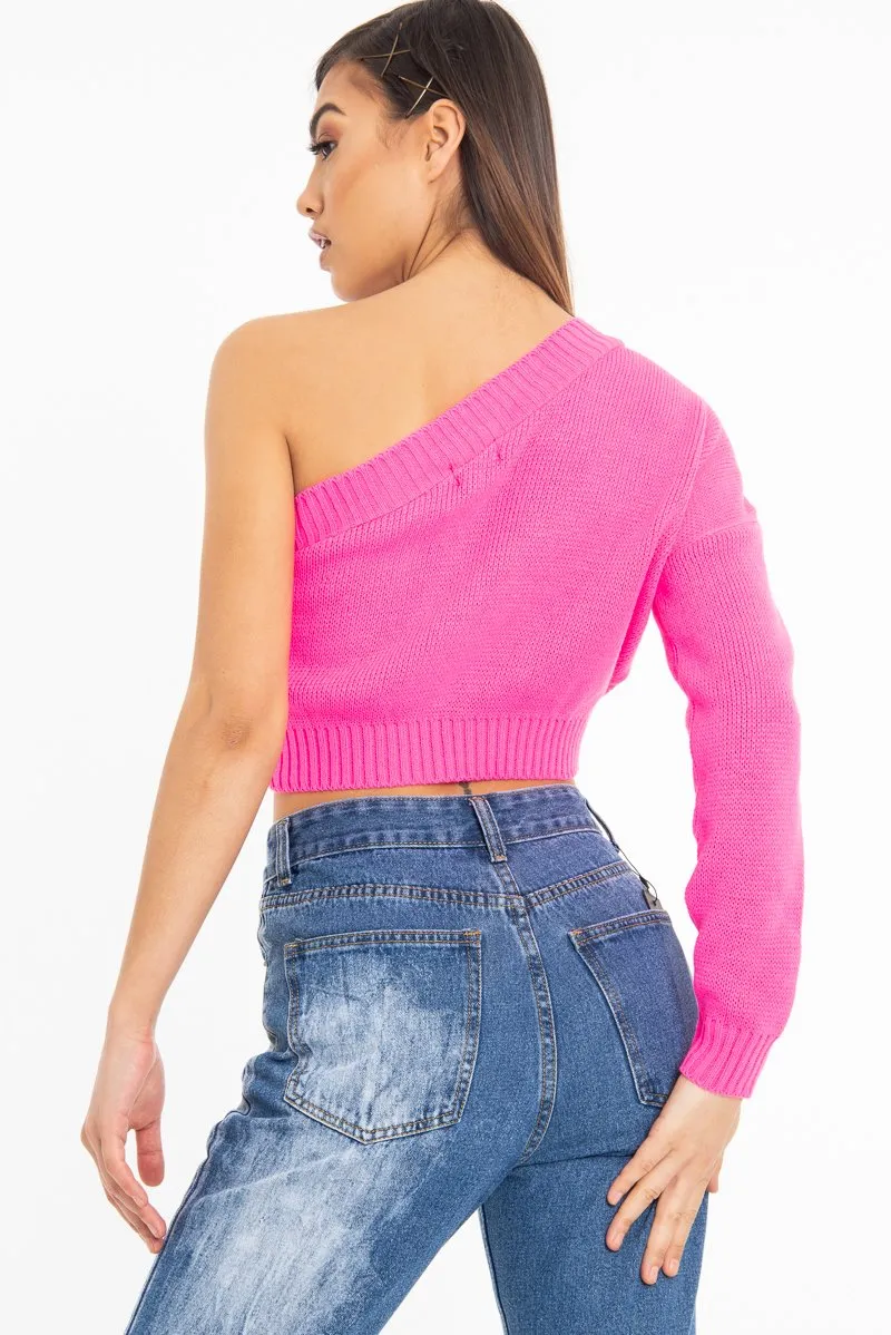 Pink Knitted One Shoulder Jumper - Jayleah