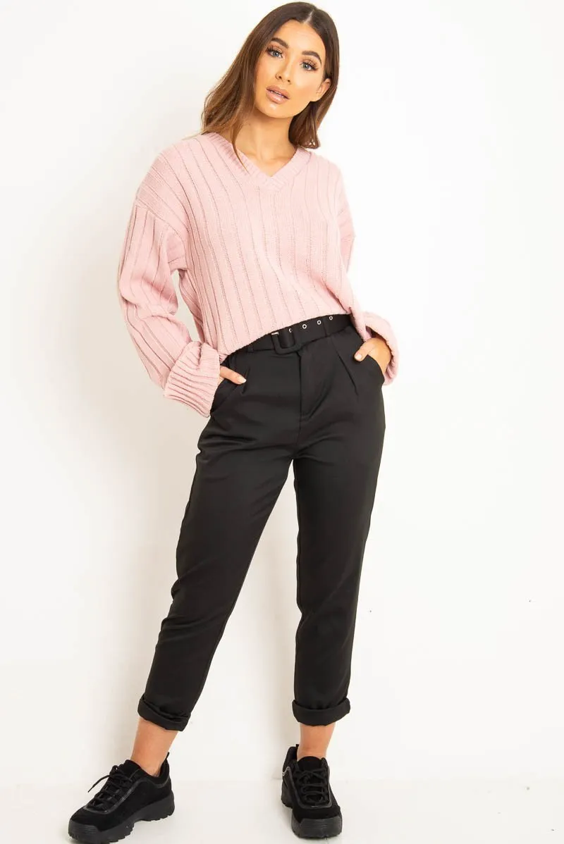 Pink Wide Rib V Neck Jumper - Alinah