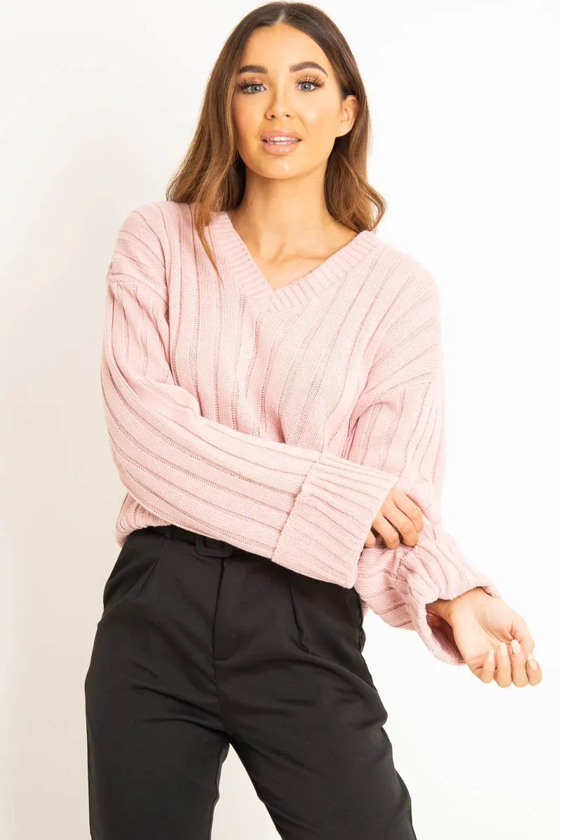 Pink Wide Rib V Neck Jumper - Alinah