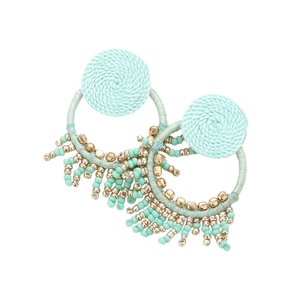 Rope Wrapped Beaded Fringe Open Circle Earrings