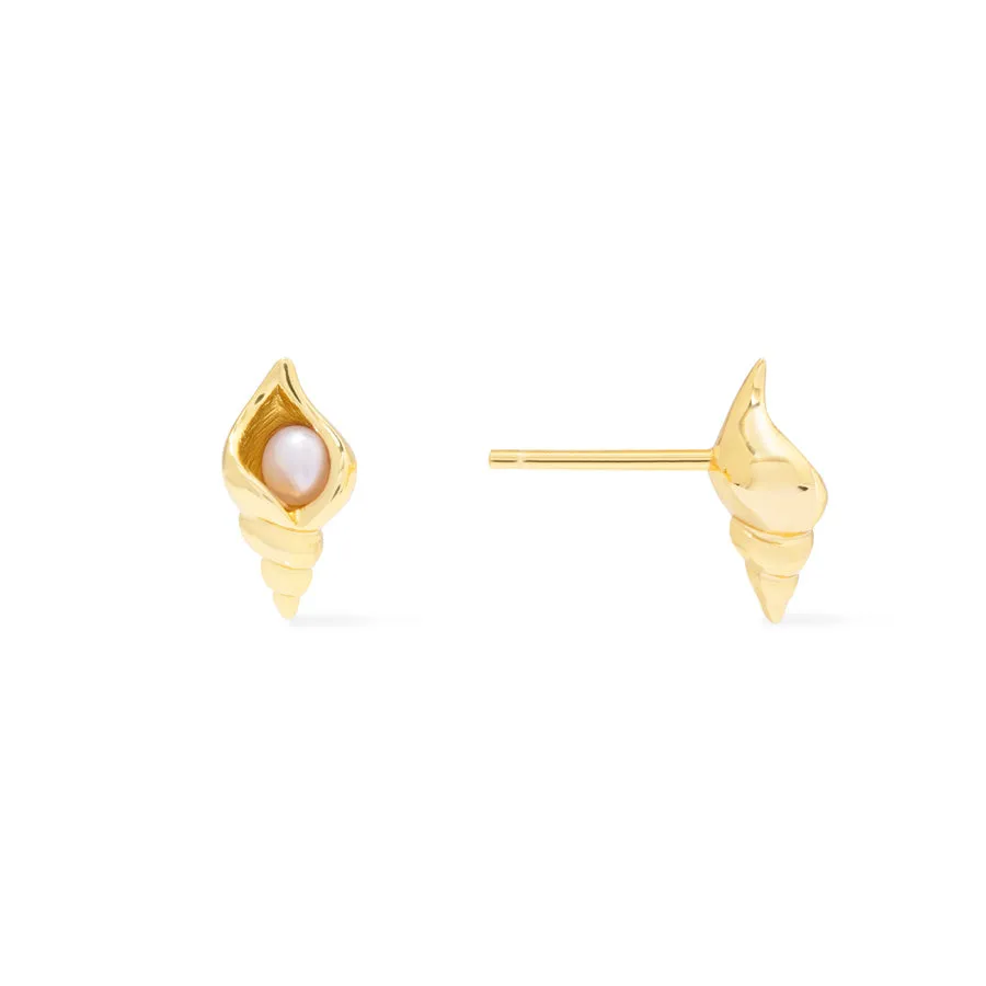 Seashell Pearl Gold Stud Earrings