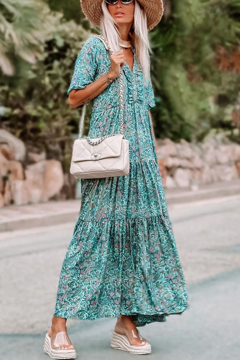 Sky Blue Paisley Print Boho Holiday Ruffle Tiered Maxi Dress