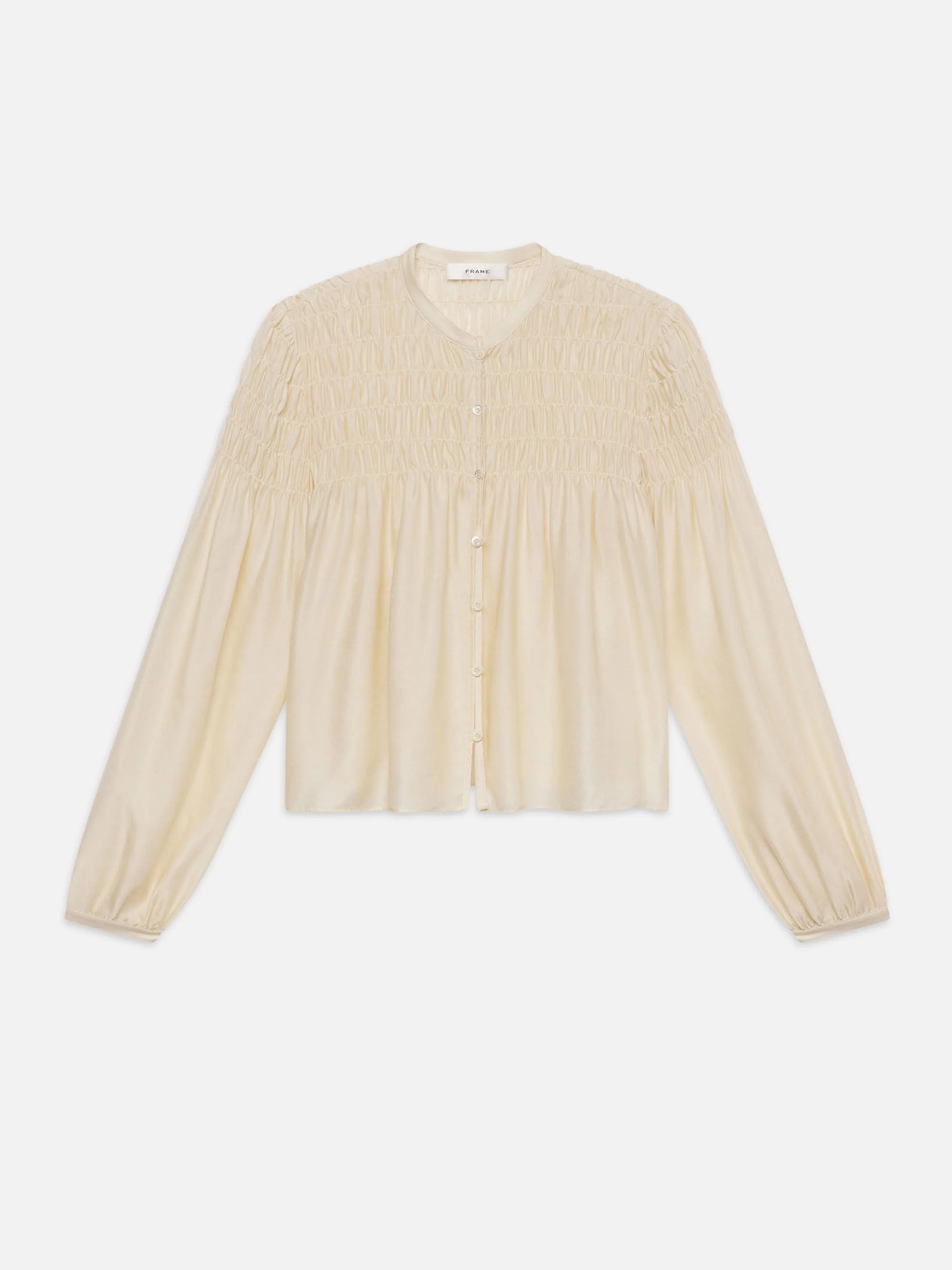 Smocked Collarless Blouse -- Champagne