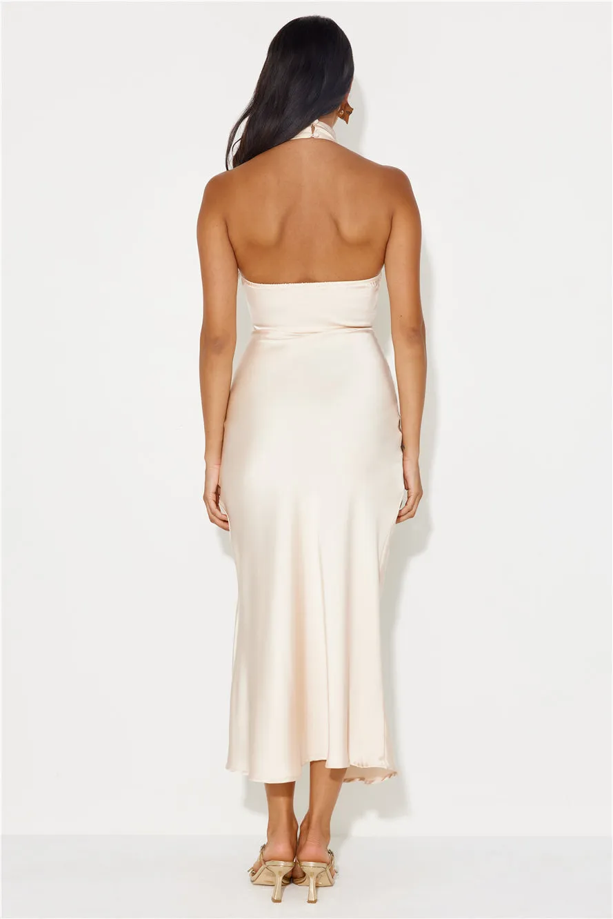 Talking Truth Halter Satin Maxi Dress Champagne