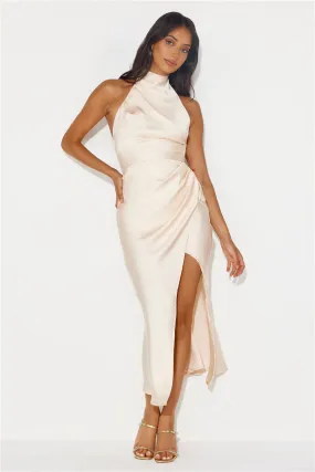 Talking Truth Halter Satin Maxi Dress Champagne