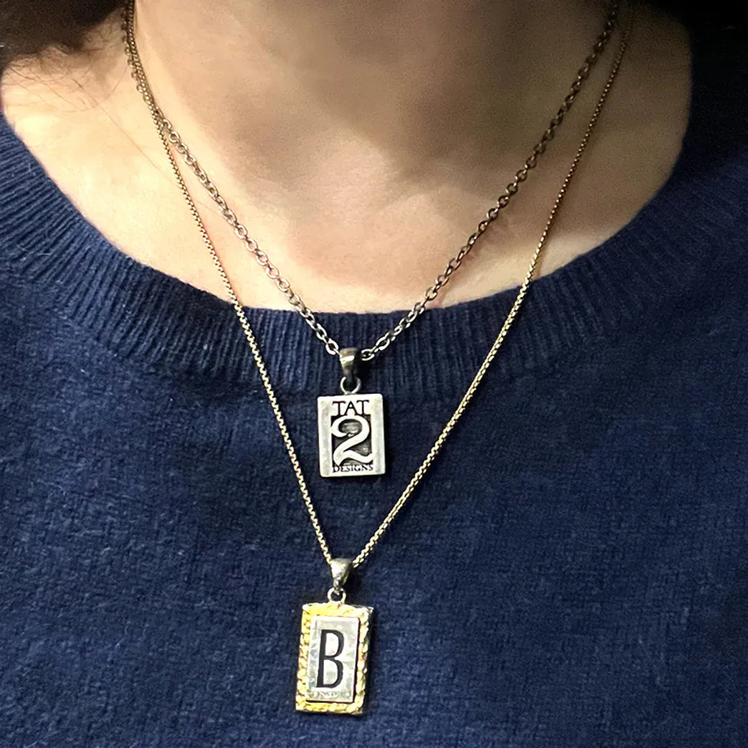 Tat2 Designs Vintage Silver Rectangular Hammered Initial Necklace