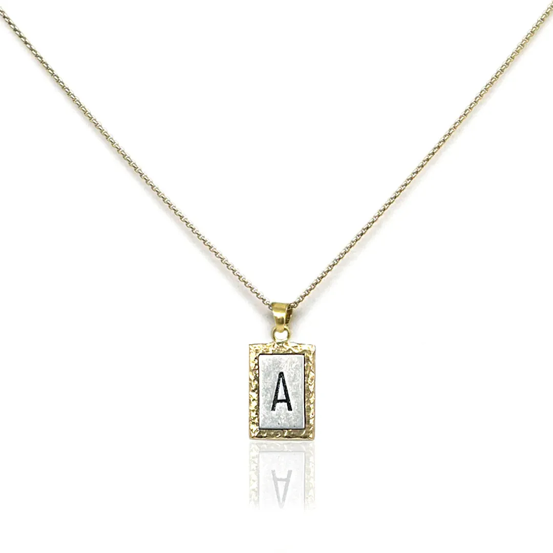 Tat2 Designs Vintage Silver Rectangular Hammered Initial Necklace