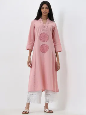 Utsa Dusty Pink Embroidered A-Line Cotton Blend Kurta