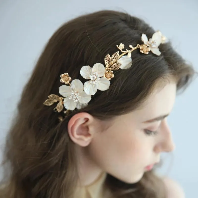 V140. gold romantic white flowery bridal hairpiece hair vine for weddings.