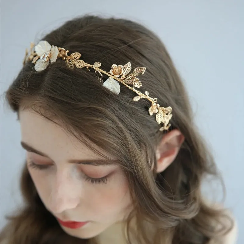 V140. gold romantic white flowery bridal hairpiece hair vine for weddings.