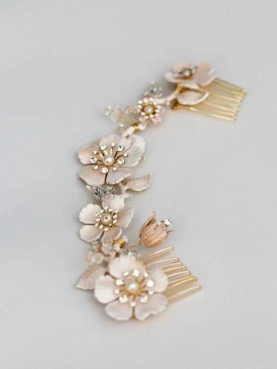 V178. vintage boho romantic bridal hair vine hairpiece, white enamel hairpiece.